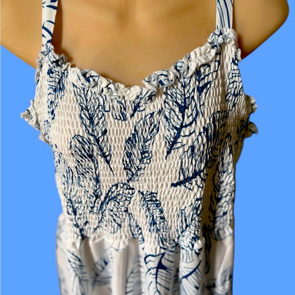 New Blue and White Leaf Print Sun Dress L - Picture 2 of 4